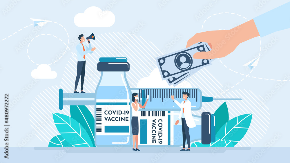 Cash reward for those who are vaccinated. Vaccination campaign. Encouraging vaccination. The patient is considering whether to be vaccinated. The doctor convinces of the need for a vaccine. Vector - obrazy, fototapety, plakaty 