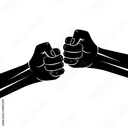Icon of friendly bumping of interracial clenched fists together. Concept of team work, partnership, friendship and unity. Greeting hands gesture. Vector silhouette illustration
