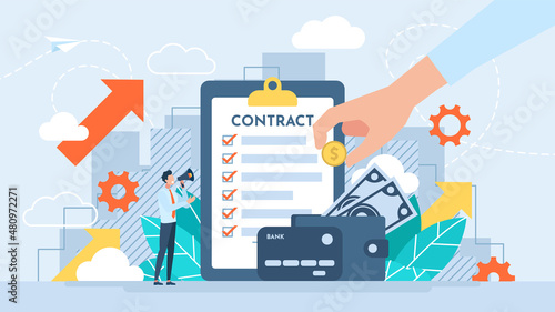 Salary. Receiving money for work performed. Fulfillment of contract conditions. Crediting. Lending money. Debt payment business and management contract. Tiny character. Vector flat illustration