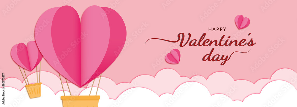 3D pink heart paper cut banner background vector illustration for ...