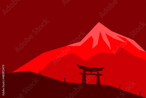 An illustration of red mountain silhouette and some landmark