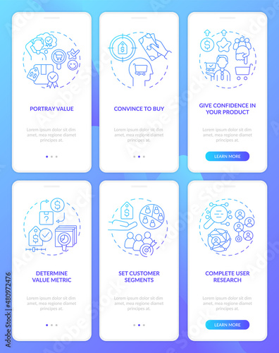 Determine price strategy blue gradient onboarding mobile app screen set. Walkthrough 3 steps graphic instructions pages with linear concepts. UI, UX, GUI template. Myriad Pro-Bold, Regular fonts used