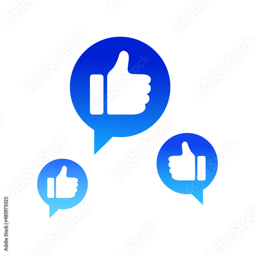 Blue bubble with thumb up like for live stream video chat isolated on white background. Web botton for social media. Network symbol content. Vector flat design tamplate illustration.