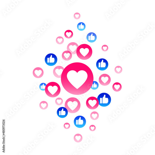 Blue, red bubble with thumb up like, heart for live stream video chat background. Web botton social media isolated on white background. Network symbol content. Vector flat design tamplate illustration