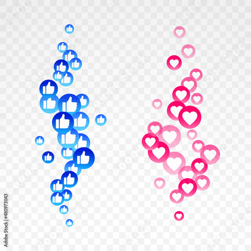 Blue, red bubble with thumb up like, heart for live stream video chat background. Web botton social media isolated on white background. Network symbol content. Vector flat design tamplate illustration