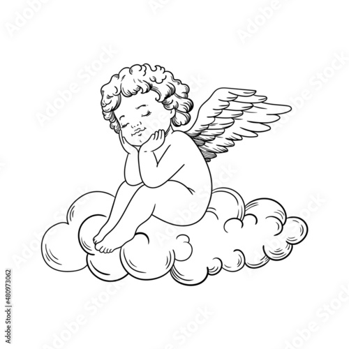 vector illustration line angel cloud wings child