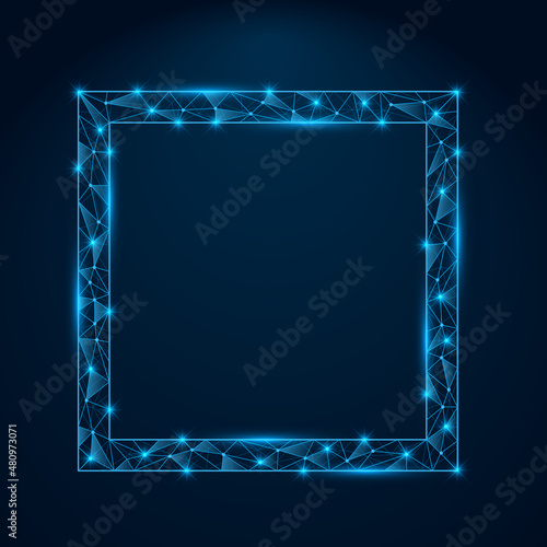 Abstract low poly blue square frame with glowing elements. Square shape with shinning connecting dots and lines. Vector illustration on dark blue background.