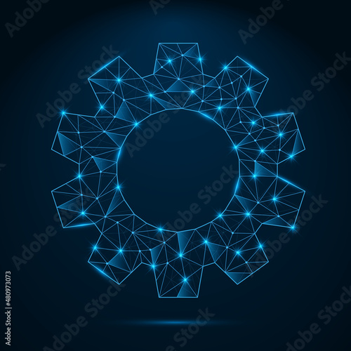 Futuristic glowing low polygonal gear symbol. Cogwheel sign with connection lighting dots. Cyber settings technology concept. Vector isolated on dark blue background.
