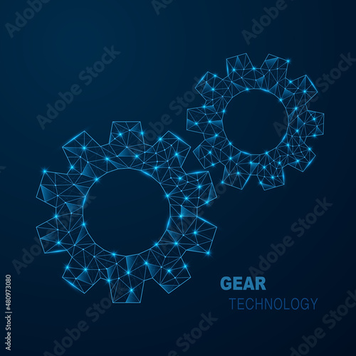 Glowing low polygonal gears symbol. Cogwheels sign with connection lighting dots. Futuristic settings technology concept. Vector isolated on dark blue background.