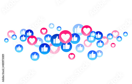 Blue, red bubble with thumb up like, heart for live stream video chat background. Web botton social media isolated on white background. Network symbol content. Vector flat design tamplate illustration