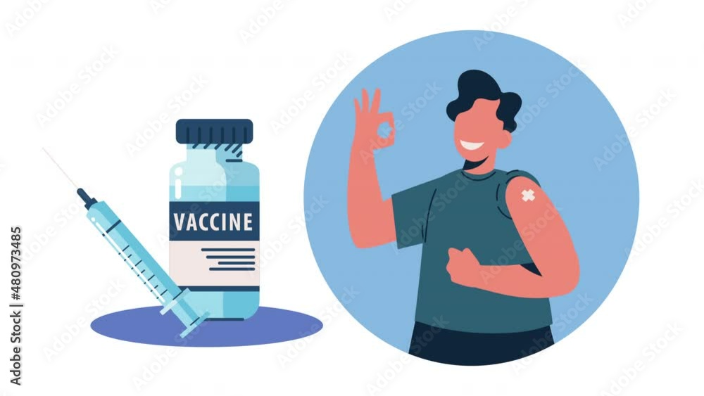 man vaccinated character with vial and injection man vaccinated character with vial and injection