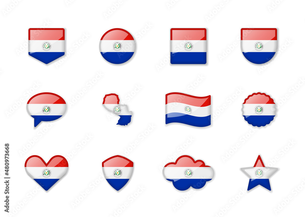 Paraguay - set of shiny flags of different shapes. Paraguay - set of shiny flags of different shapes.