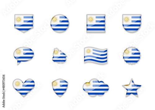 Uruguay - set of shiny flags of different shapes.