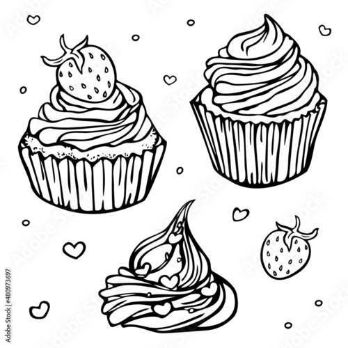 Vector illustration with collection of black and white cupcakes. Design for coloring book.