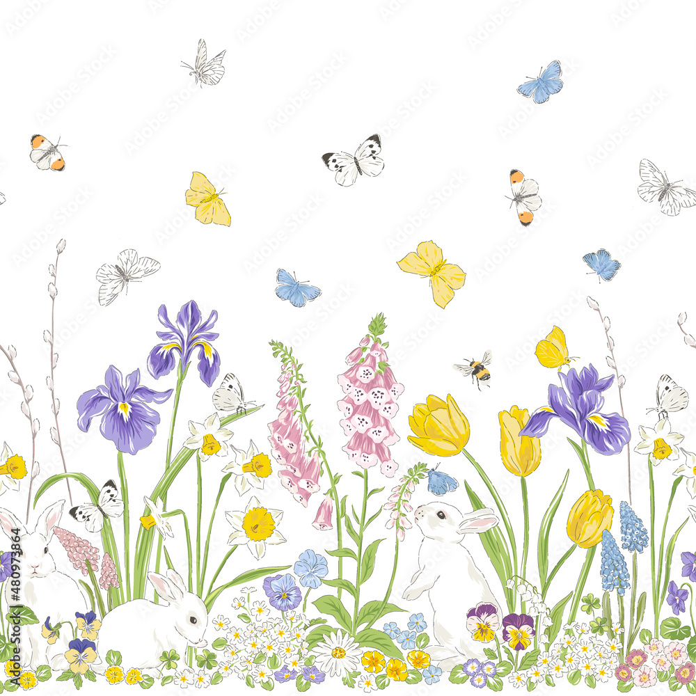 Cute bunny in Spring Bloomy flourish garden with many butterflies vector seamless border pattern. Vintage romantic nature hand drawn print. Cottage core aesthetic background.