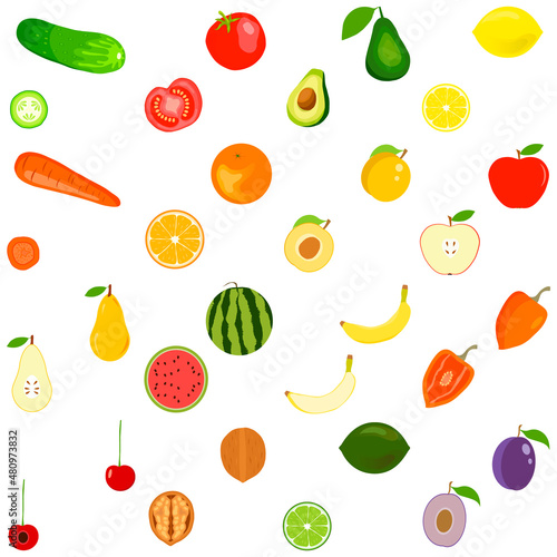 Fototapeta Naklejka Na Ścianę i Meble -  Vegetables and fruits, whole and cut in half. Part of a vegetable or fruit isolated on a white background. Big set of fruits. Vector illustration.