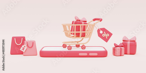 3d render of pink shopping cart with gift boxes and shopping bag on pastel background,valentine's day sale concept,minimal style Fototapeta