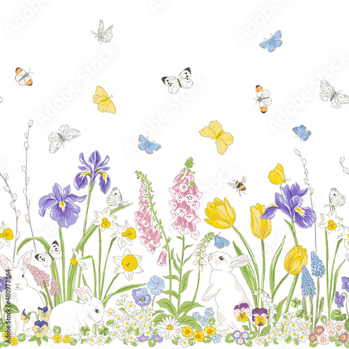 Cute bunny in Spring Bloomy flourish garden with many butterflies vector seamless border pattern. Vintage romantic nature hand drawn print. Cottage core aesthetic background.