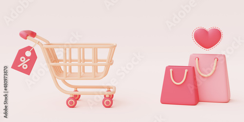 Obraz na płótnie 3d render of pink shopping cart with shopping bag and hart float on pastel background,valentine's day sale concept,minimal style