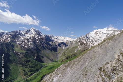 Cottian Alps mountain range view above from Stura di Demonte Valley, Province of Cuneo, Italy