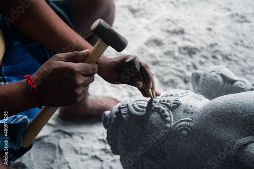 Stone Carver India hand Carving stone, craftsman shaping stone, art and crafts Fototapeta