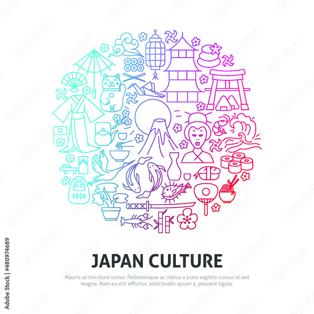 Japan Culture Circle Concept. Vector Illustration of Outline Design.