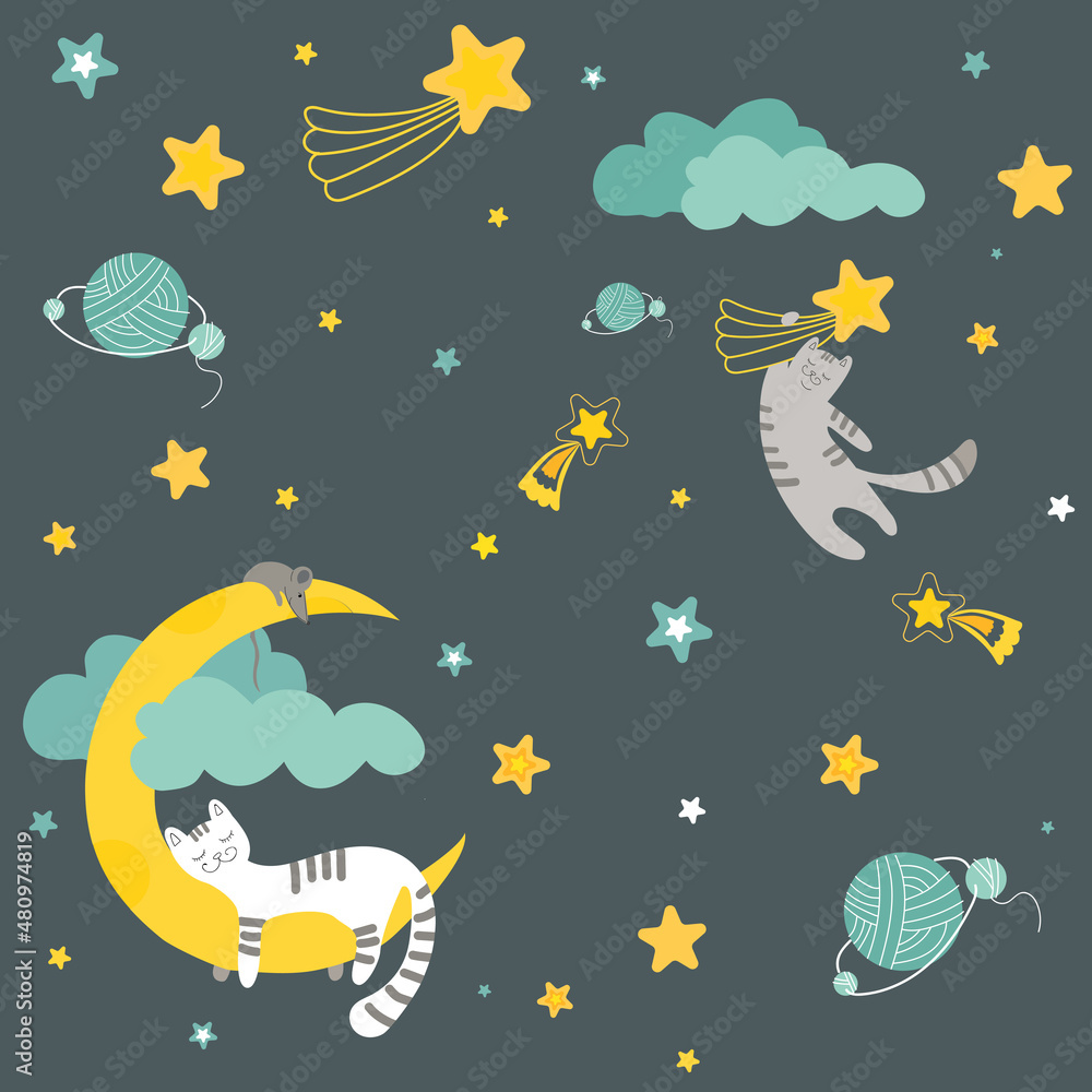 vector seamless pattern with cats, mouse and cheese moon and stars vector seamless pattern with cats, mouse and cheese moon and stars