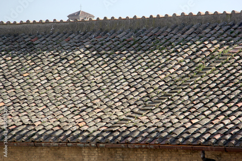 Clay tile roof shingles from top view