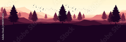 sunset nature mountain forest vector illustration for web banner, blog banner, wallpaper, background template, adventure design, tourism poster design, backdrop design