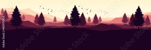 sunset nature mountain forest vector illustration for web banner  blog banner  wallpaper  background template  adventure design  tourism poster design  backdrop design