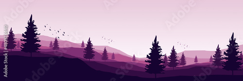 sunrise mountain forest vector illustration for web banner, blog banner, wallpaper, background template, adventure design, tourism poster design, backdrop design