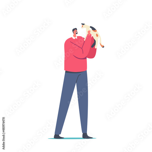 Happy Man with Cat on Hands. Male Character Hugging Pet Kitten. Leisure, Communication, Love, Care of Animals Concept