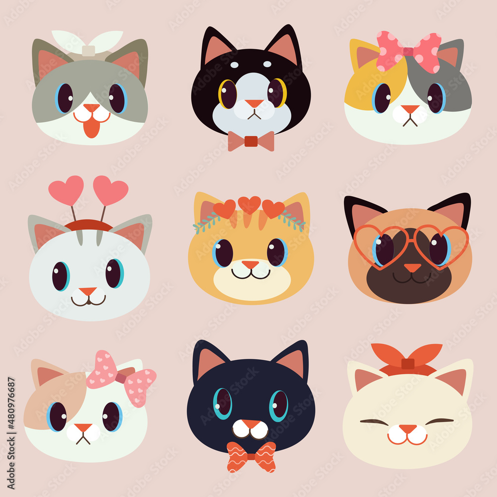 The collection of cute cat with love theme in flat vector style. Illustration about cat with heart theme for banner, sticker label and greeting card The collection of cute cat with love theme in flat vector style. Illustration about cat with heart theme for banner, sticker label and greeting card
