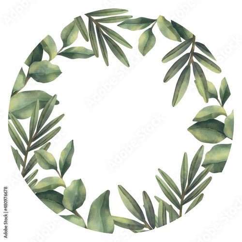 Watercolor frame of green tropical branches. Hand painted floral circle border with tree branches isolated on white background. 
