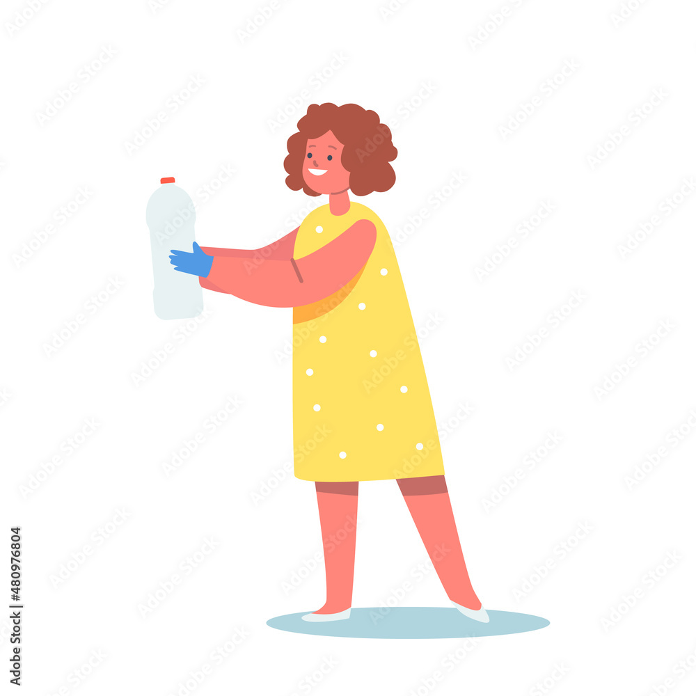 World Environment Day, Save Plane Concept. Little Girl Hold Plastic Bottle, Litter Recycling, Child Character Cleanup World Environment Day, Save Plane Concept. Little Girl Hold Plastic Bottle, Litter Recycling, Child Character Cleanup