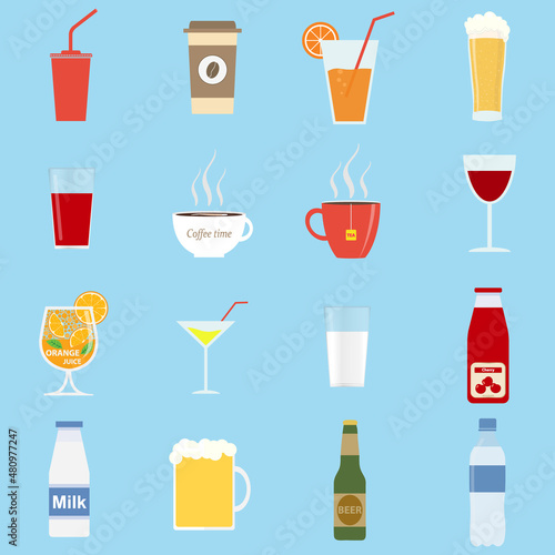 Big set of drinks, milk, juice, water, beer, wine, cocktail, coffee, tea. Vector illustration.