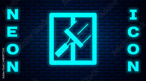 Glowing neon Cleaning service with of rubber cleaner for windows icon isolated on brick wall background. Squeegee, scraper, wiper. Vector
