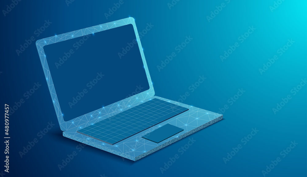 Futuristic glowing low-angle laptop isolated on a light blue background. Modern vector illustration of wire frame mesh design. Futuristic glowing low-angle laptop isolated on a light blue background. Modern vector illustration of wire frame mesh design.