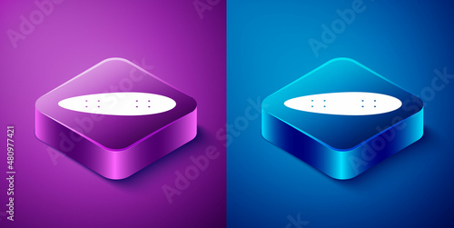 Isometric Longboard or skateboard cruiser icon isolated on blue and purple background. Extreme sport. Sport equipment. Square button. Vector