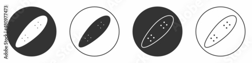 Black Longboard or skateboard cruiser icon isolated on white background. Extreme sport. Sport equipment. Circle button. Vector