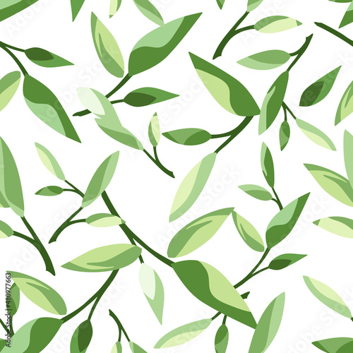 Vector seamless floral pattern with green leaves on a white background