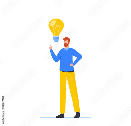 Creative Idea Concept. Businessman Character with Huge Glowing Light Bulb Having Great Inspiration and Project Insight