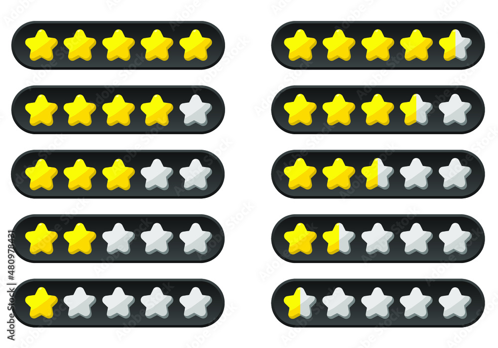 Stars yellow and gray isolated on white background. Rating for sites, hotels, travel packages, online stores, reviews. Vector graphics. Stars yellow and gray isolated on white background. Rating for sites, hotels, travel packages, online stores, reviews. Vector graphics.