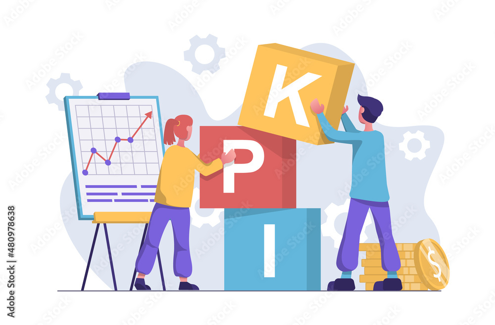 KPI. A woman and a man put the word KPI together with cubes KPI. A woman and a man put the word KPI together with cubes