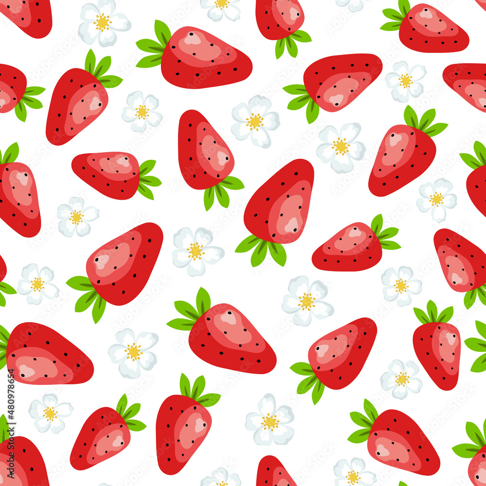 Vector cartoon seamless pattern with wild strawberry, flowers and leafs on white background for web, print, cloth texture or wallpaper Vector cartoon seamless pattern with wild strawberry, flowers and leafs on white background for web, print, cloth texture or wallpaper