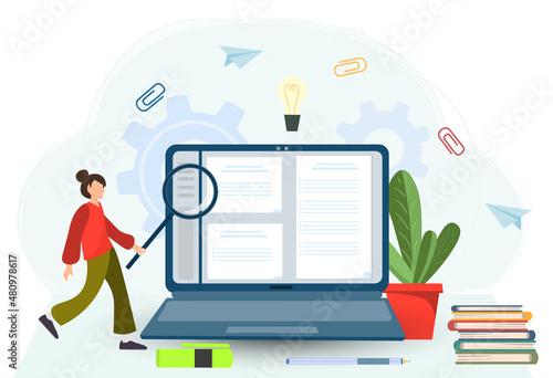 Young happy woman or girl holding magnifying glass and examining document at the screen of laptop, student searching information in the Internet, business analysis, audit, research concept 