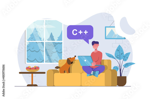 Freelance working. The programmer works from home on a freelance 