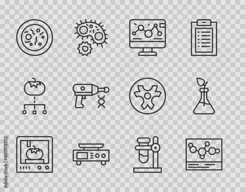 Set line 3D printing technology, Genetic engineering modification, Electronic scales, Petri dish with bacteria, Transfer liquid gun, Test tube flask stand and Plant breeding icon. Vector