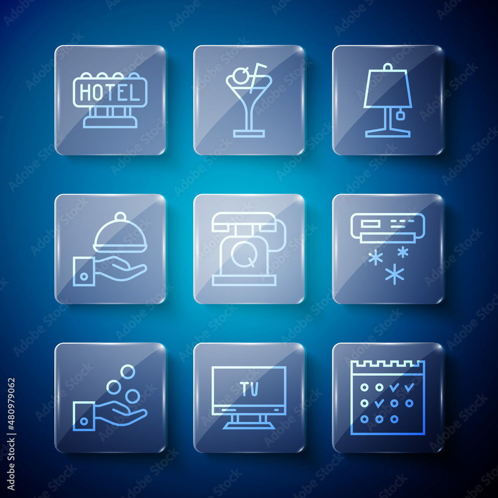 Set line Paying tips, Smart Tv, Hotel booking calendar, Table lamp, Telephone handset, Covered with tray, Signboard text and Air conditioner icon. Vector Set line Paying tips, Smart Tv, Hotel booking calendar, Table lamp, Telephone handset, Covered with tray, Signboard text and Air conditioner icon. Vector