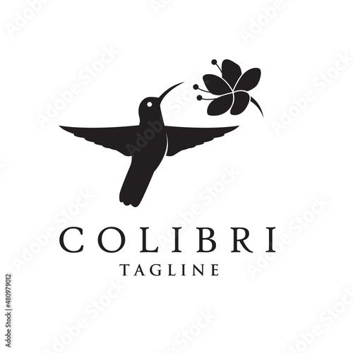 icon of flying colibri and flower isolated on white background